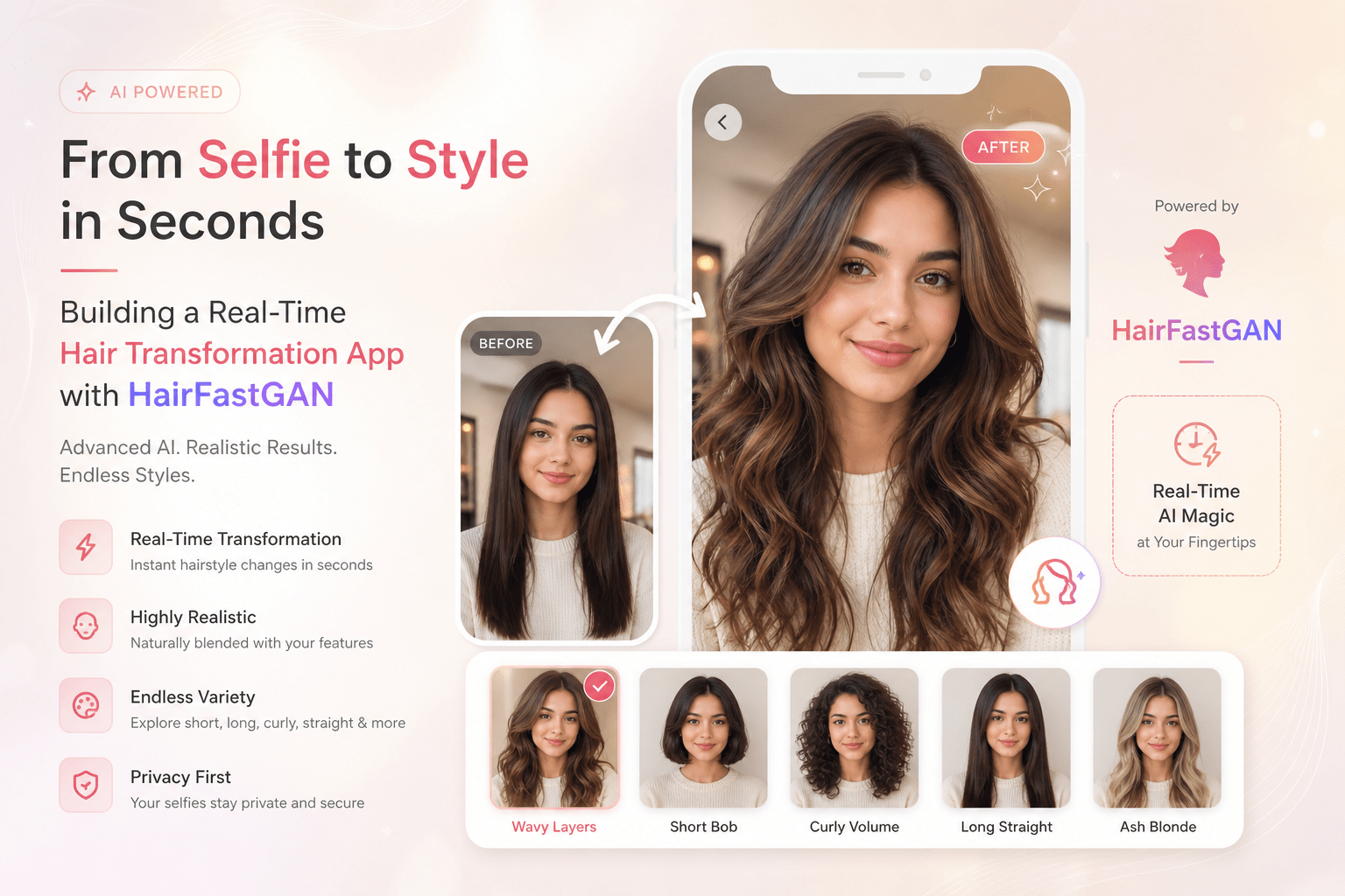 AI hairstyle transformation using HairFastGAN showing realistic before and after hair change on a human face image Python-based HairFastGAN model processing image for real-time hairstyle editing and color change Real-time hair transformation app demo using GPU with smooth and natural hairstyle results Before and after comparison of virtual hairstyle try-on generated using GAN technology HairFastGAN interface displaying fast and realistic AI hair editing results on portrait image Live webcam hairstyle transformation using AI model with instant visual output Deep learning model generating natural-looking hair styles on different face angles AI image editing pipeline showing input image, processing stage, and final hairstyle output